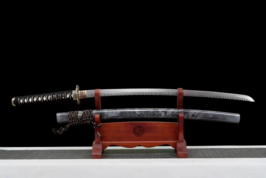 Kiếm Nhật katana Thép Hoa Văn Rèn Đá Long Huyết Đả Kiếm | Đồng Chạm Khắc Tinh Xảo, Vỏ Gỗ Sơn Mài