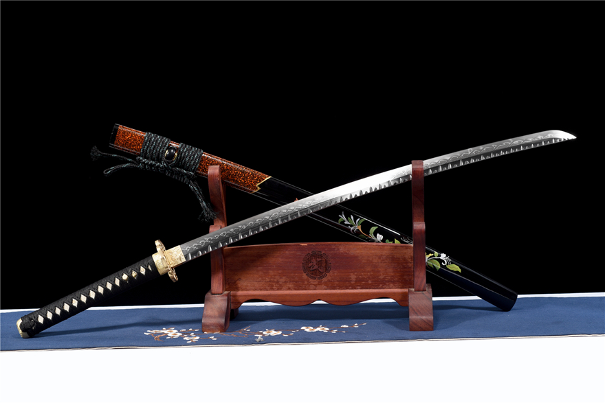 Kiếm Samurai katana T10 Rèn Vân Đá Đốt Lửa Họa Tiết XX Điệp Ảnh | Lưỡi Thép Cứng 60 HRC, Vỏ Gỗ Sơn Mài Cao Cấp