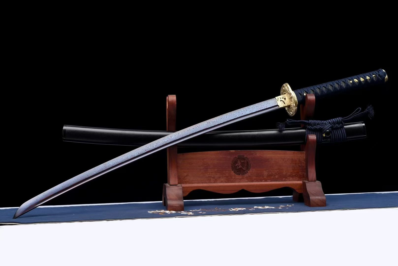 Katana Samurai Long Diêm Võ Sĩ – Thép Hoa Văn Nung Xanh, Đồng Nguyên Khối, Siêu Cứng & Bền Bỉ